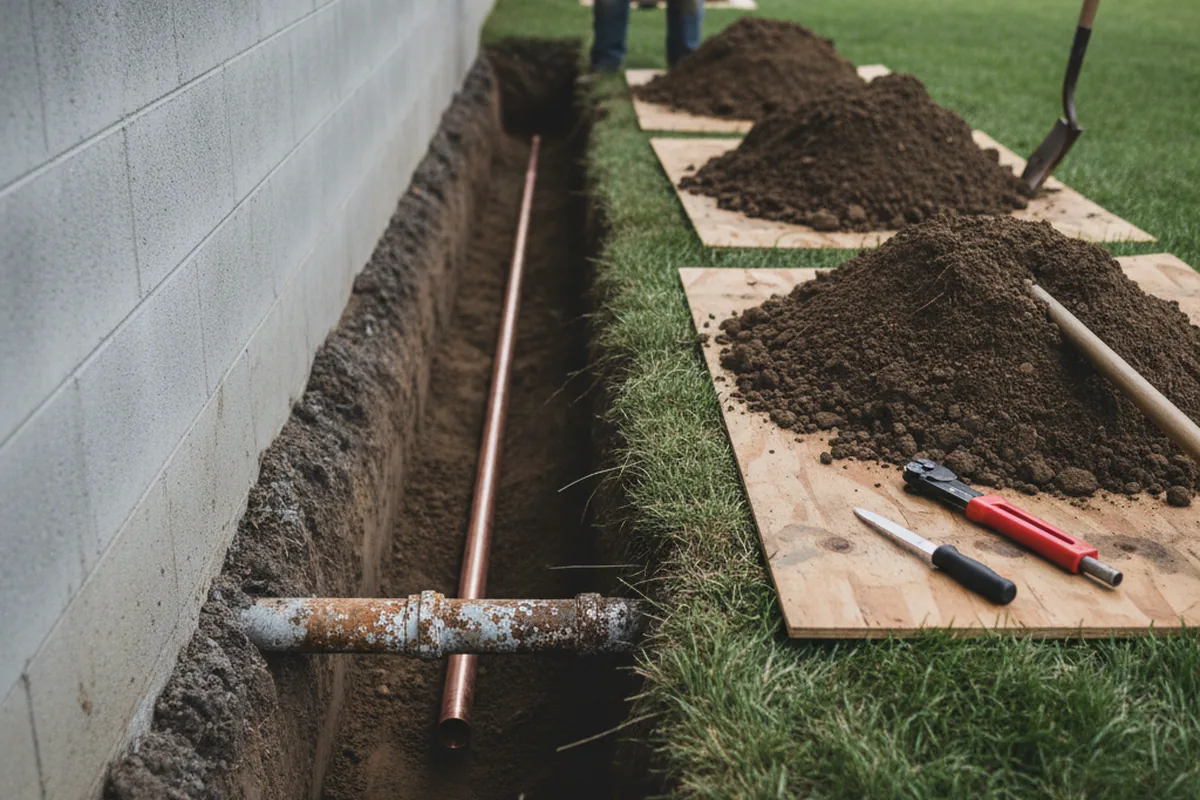 Excavated water line trench during Water Softener Installation in Rodman